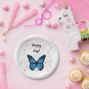Magical blue butterfly pink glitter art paper plate