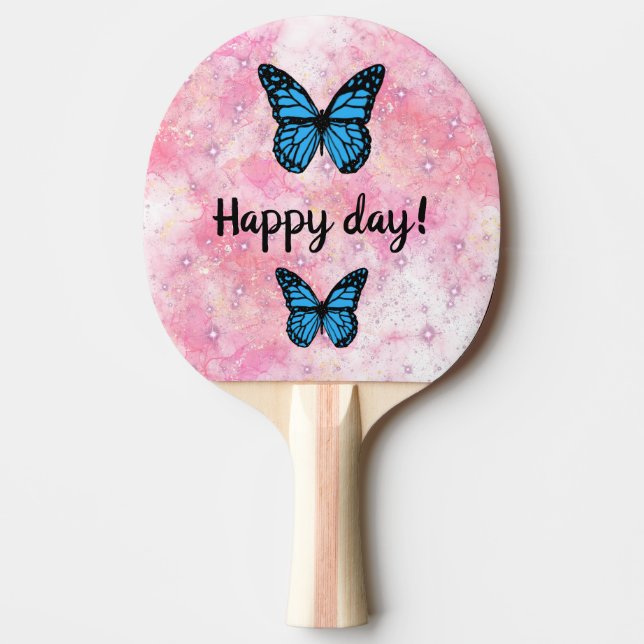 Magical blue butterfly pink glitter art ping pong paddle (Front)