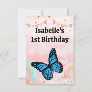 Magical blue butterfly pink glitter art thank you card