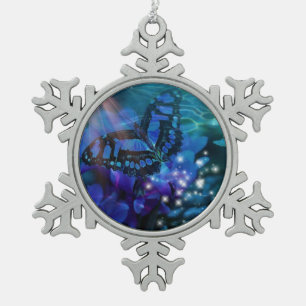 Magical Blue Butterfly Snowflake Pewter Christmas Ornament