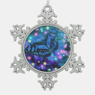 Magical Blue Butterfly Snowflake Pewter Christmas Ornament