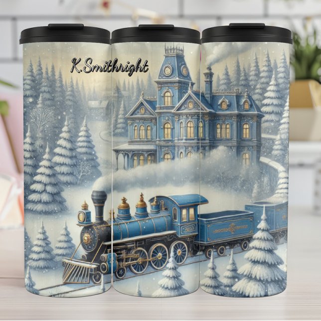 Magical Blue Christmas Train Moonlit Scene Thermal Tumbler (Creator Uploaded)