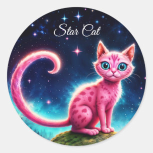 Magical blue-eyed feline under bright stars  classic round sticker