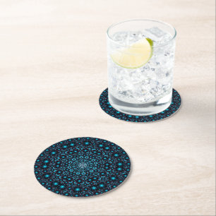 Magical Blue Glow Mandala Round Paper Coaster