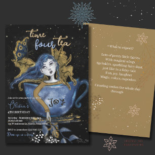 Magical Blue Gold Fairy Teacup Birthday Tea Party  Invitation