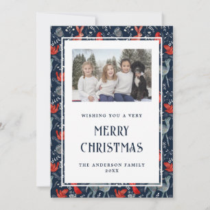 Magical Blue Red Nordic Photo Merry Christmas Card