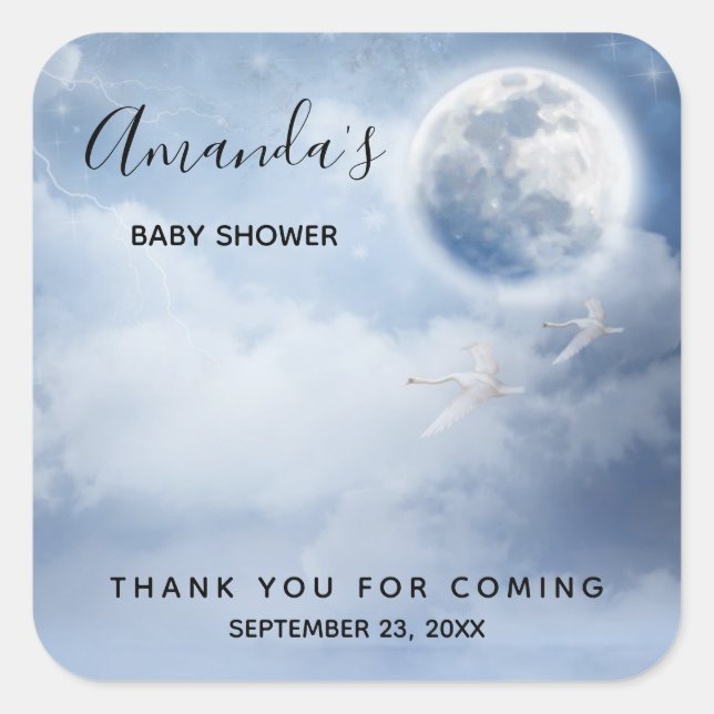 Magical Blue Sky with Flying Swans Baby Shower Square Sticker (Front)
