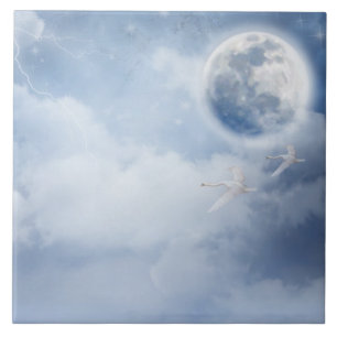 Magical Blue Sky with Flying Swans Ceramic Tile