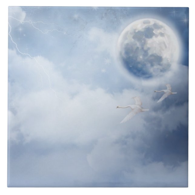 Magical Blue Sky with Flying Swans Ceramic Tile (Front)