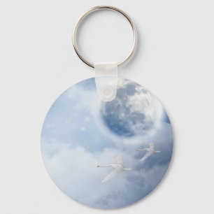 Magical Blue Sky with Flying Swans Key Ring