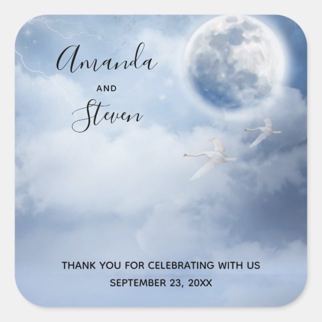 Magical Blue Sky with Flying Swans Wedding Square Sticker (Front)
