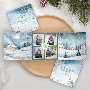 Magical Blue Winter Wonderland 4 Photo Christmas Tri-Fold Holiday Card