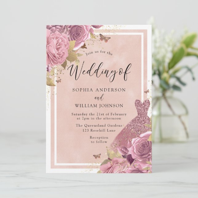 Magical Blush Pink Dress & Floral Wedding Invitation (Standing Front)