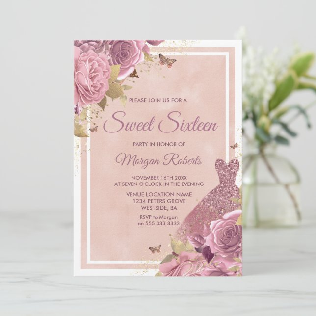Magical Blush Pink Dress & Flowers Sweet 16 Invitation (Standing Front)