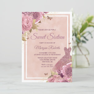 Magical Blush Pink Dress & Flowers Sweet 16 Invitation