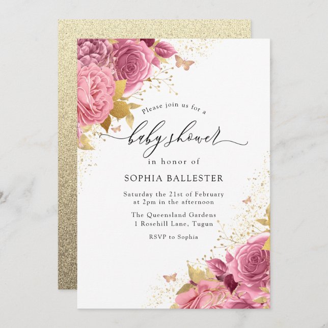 Magical Blush Pink Gold Flowers Baby Shower Invitation (Front/Back)