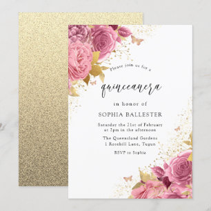 Magical Blush PInk Gold Flowers Quinceanera Party Invitation