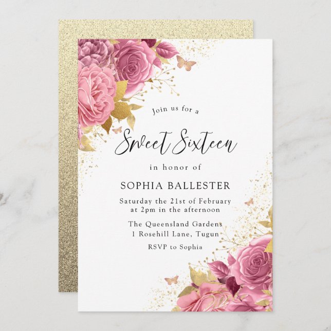 Magical Blush Pink Gold Flowers Sweet 16 Invitation (Front/Back)