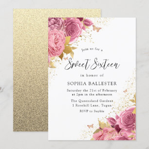 Magical Blush Pink Gold Flowers Sweet 16 Invitation