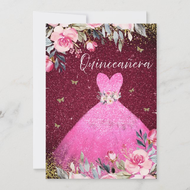Magical Blush Pink Gown Dress Floral Quinceanera Invitation (Front)