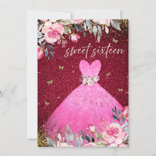 Magical Blush Pink Gown Dress Floral Sweet 16 Invitation