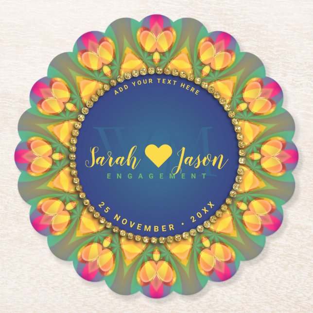 Magical Bohemian Sunflower Monogram Paper Coaster (Front)