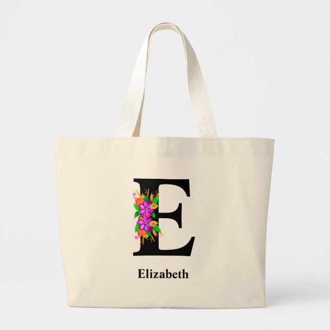 Magical Bold Floral Editable Monogrammed  Large Tote Bag (Front)