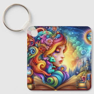 Magical Bookish Elven & Baby Dragon Fantasy World Key Ring