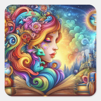 Magical Bookish Elven & Baby Dragon Fantasy World Square Sticker