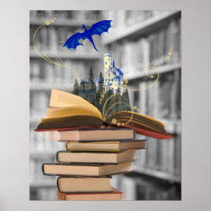 Magical books with dragon and castle poster