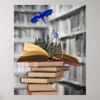 Magical books with dragon and castle poster