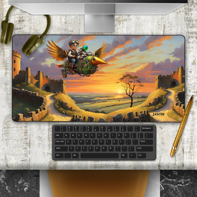 Magical Boy Pilot Aeroplane Castle Desk Mat (Desk mat featuring a boy pilot on a magical fantasy airplane flying over a landscape with castles)