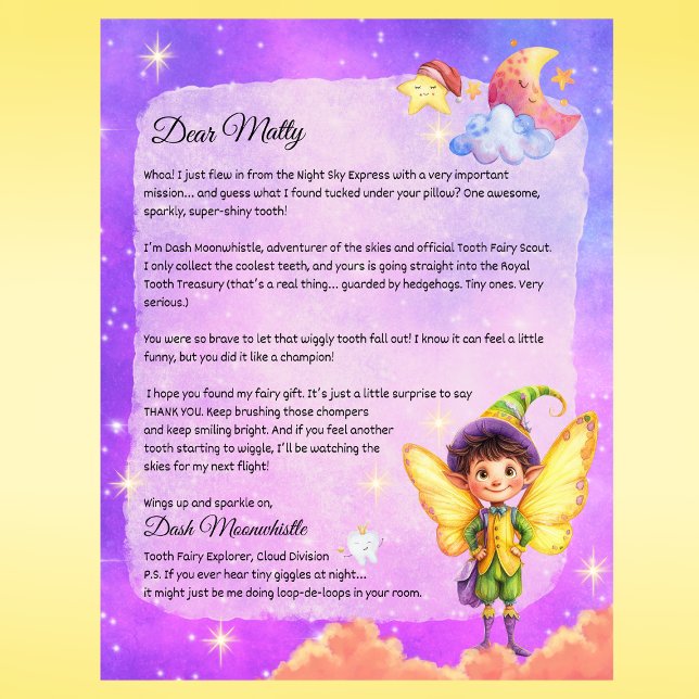 Magical Boys Tooth Fairy Keepsake Letter- Custom (Boys Tooth Fairy Letter Personalized Printed Letter from Dash Moonwhistle – Custom Tooth Fairy Note)