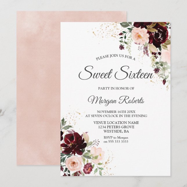 Magical Burgundy Blush Red Wine Floral Sweet 16  Invitation (Front/Back)