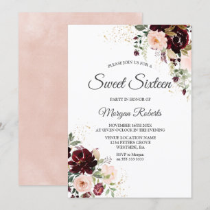 Magical Burgundy Blush Red Wine Floral Sweet 16  Invitation