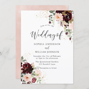 Magical Burgundy Blush Red Wine Flowers Wedding Invitation