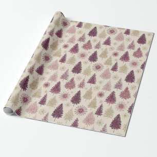 Magical Burgundy Forest Gold Starburst Snow Wrapping Paper