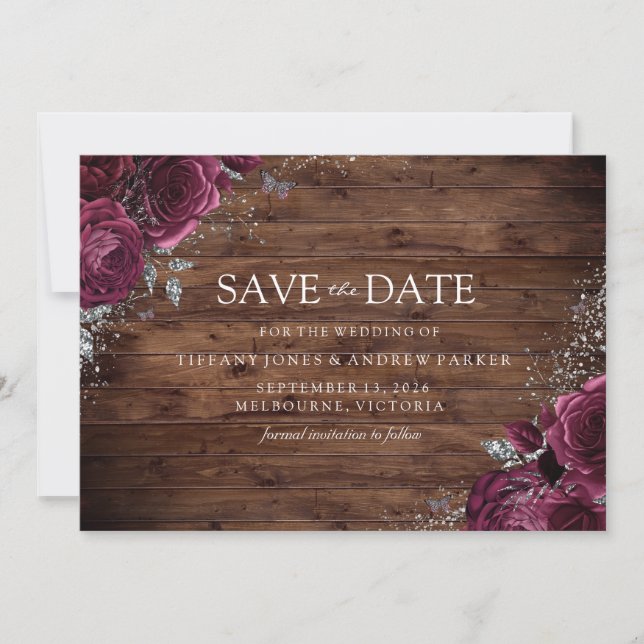 Magical Burgundy Maroon Roses Rustic Wedding Save The Date (Front)