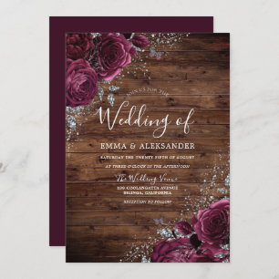 Magical Burgundy Roses Rustic Wood Wedding Invitation