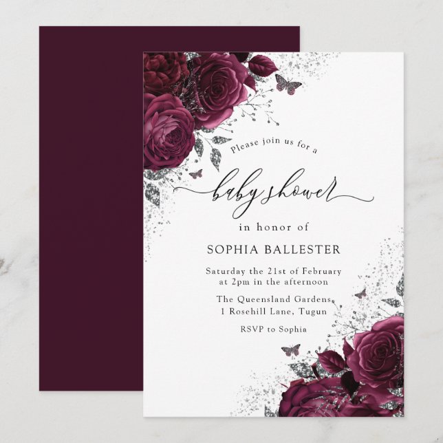 Magical Burgundy Roses Silver Elegant Baby Shower Invitation (Front/Back)