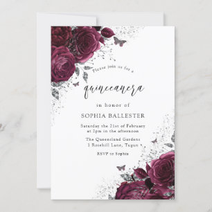 Magical Burgundy Roses Silver Elegant Quinceanera Invitation