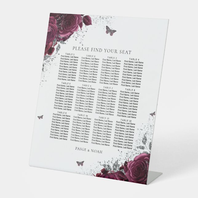 Magical Burgundy Roses Wedding Seating Chart Pedestal Sign (Front)