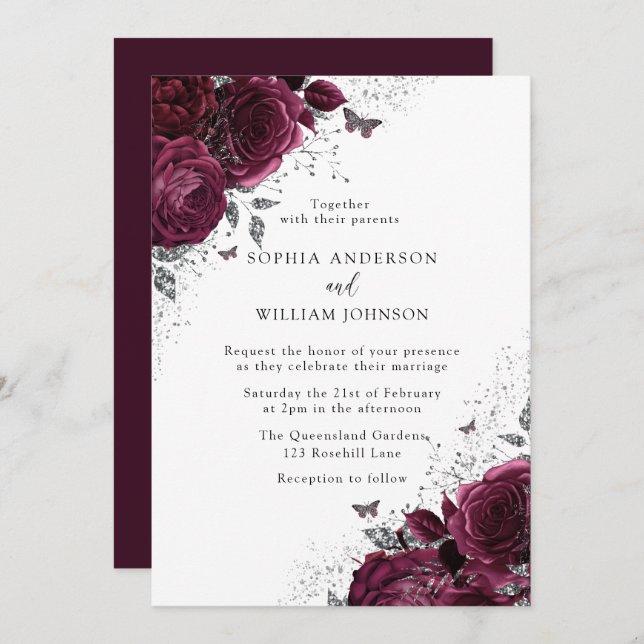 Magical Burgundy Roses With Silver Elegant Wedding Invitation (Front/Back)