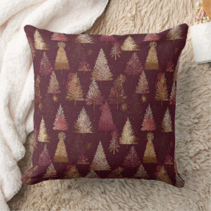 Magical Burgundy Snowy Forest Gold Star Cushion