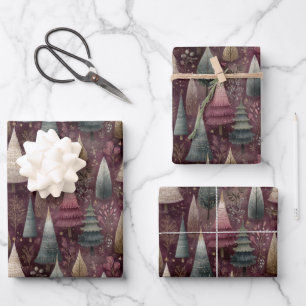Magical Burgundy Woodland Christmas Trees Wrapping Paper Sheet