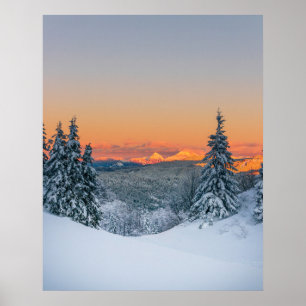 Magical burning mountains winter sunset poster