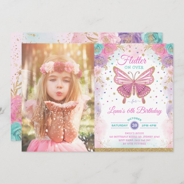 Magical Butterfly Pink Purple Gold Fairy Birthday Invitation (Front/Back)