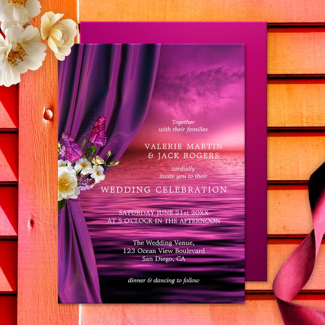 Magical Butterfly Purple Wedding Invitation (A whimsical bohemian wedding invitation featuring an ocean in purple with romantic roses)