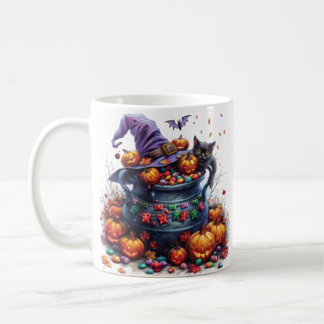 Magical Candy-Filled Cauldron Halloween Coffee Mug (Left)