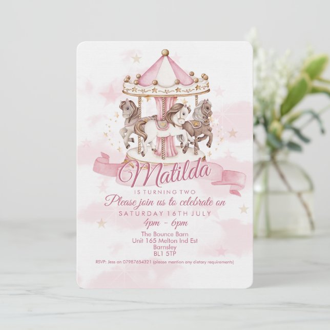 🎠✨ Magical Carousel Horse Birthday Invitations  (Standing Front)